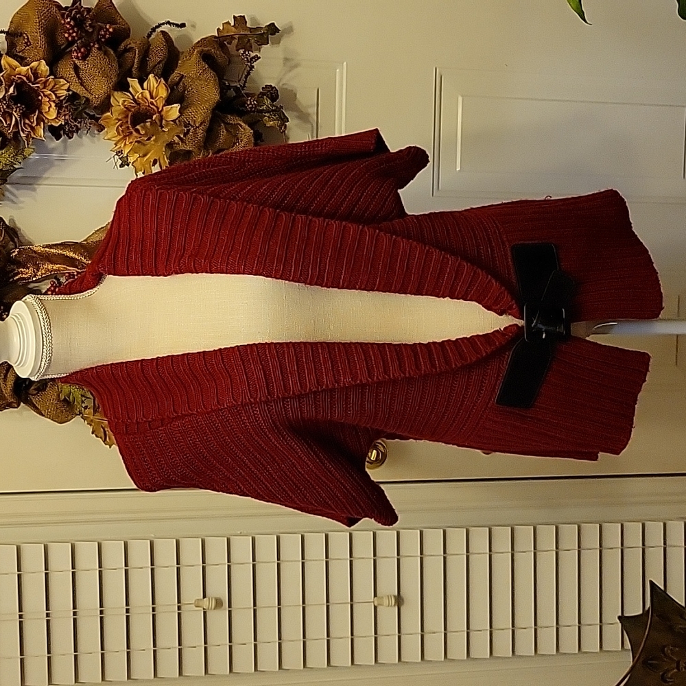 New Directions dark red sweater wide black belt accent in front acrylic M EUC …
